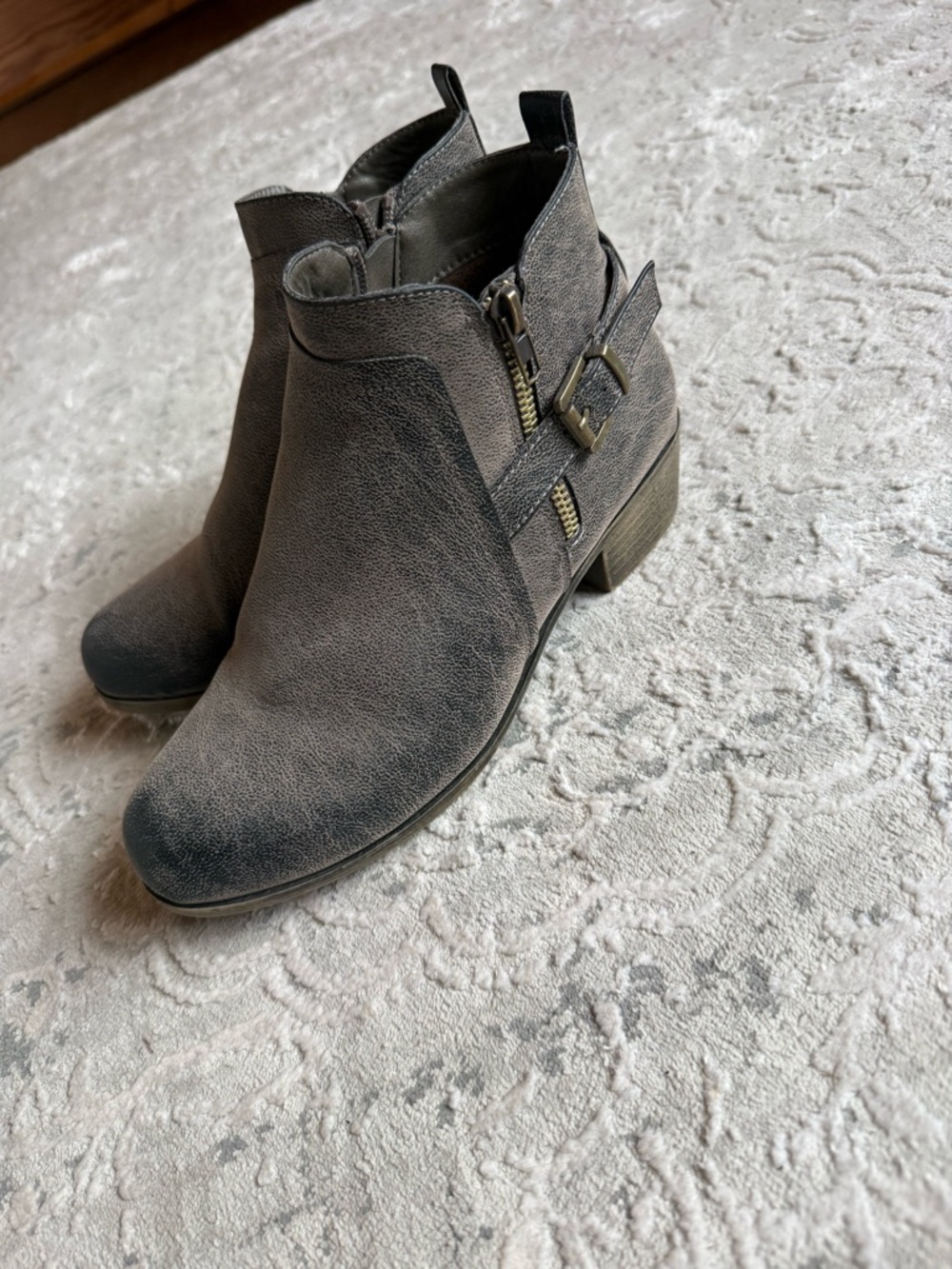 Textured Gray Women's Ankle Booties with Side Buckle